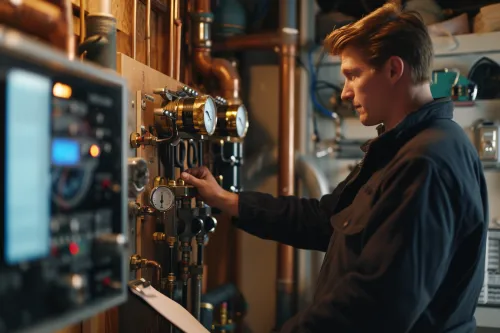 Technicien ajustant les paramètres d'une chaudière pour garantir son rendement maximal et sa consommation minimale